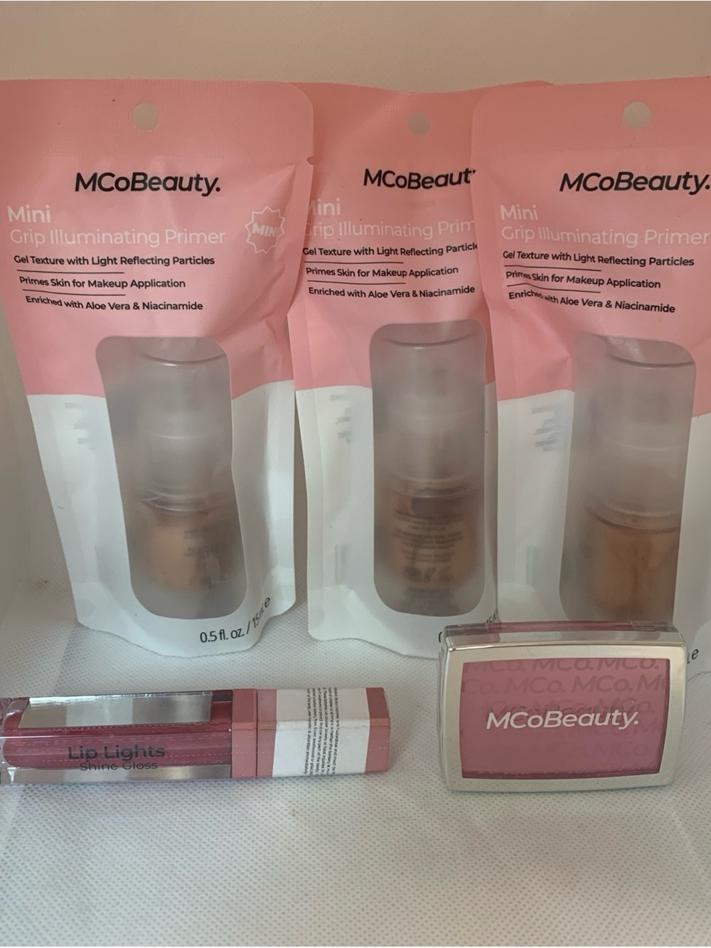 MCoBeauty Mini Grip Illuminating Primer (3) & Pink Lip & Cheek Set New & Sealed